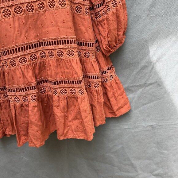 Anthropologie Burnt Orange Lace Swiss Dot Tiered Puff-Sleeve Mini Dress Sz XSP - Picture 7 of 7